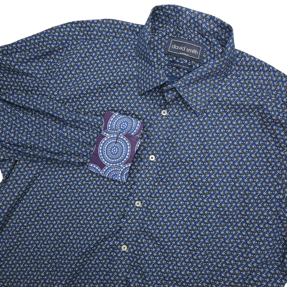 David Smith Shirt Mens 2XL Blue Floral Long Sleeve Button Up Contrast Cuff